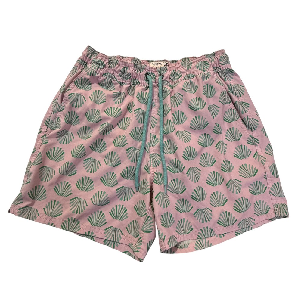 J.Crew Flex Swimwear Mens Small Pink Green Seashell Print Swim‎ Trunks Shorts